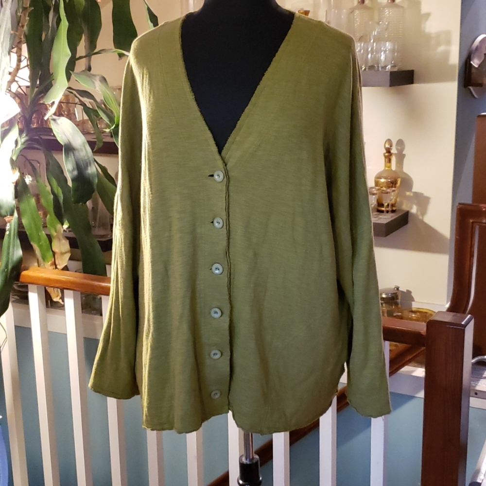 Jones New York Womens Oversized Soft Olive Green Cotton Cartigan W/ Grunge Style